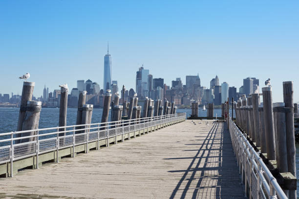 New York city skyline and empty pier with seagulls New York city skyline and empty pier with seagulls in a sunny day liberty tower stock pictures, royalty-free photos & images