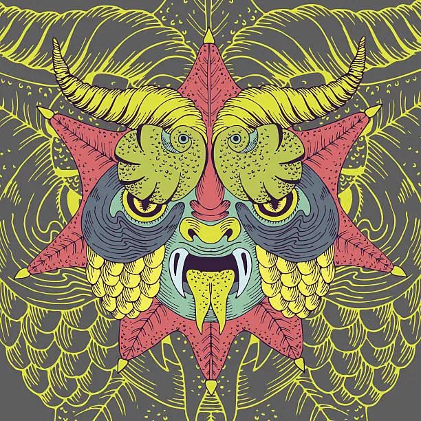 Vector illustration of Scary face dragon mask - vector hand drawn illustration