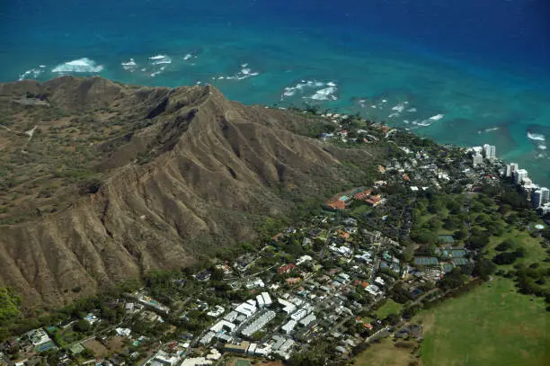 High Aerial view of Diamondhead, Kapiolani Park, the gold coast, Pacific ocean, and waves on Oahu, Hawaii.  April 2016.