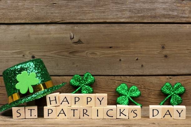 istock Happy St Patricks Day blocks with shamrocks and leprechaun hat 639414086