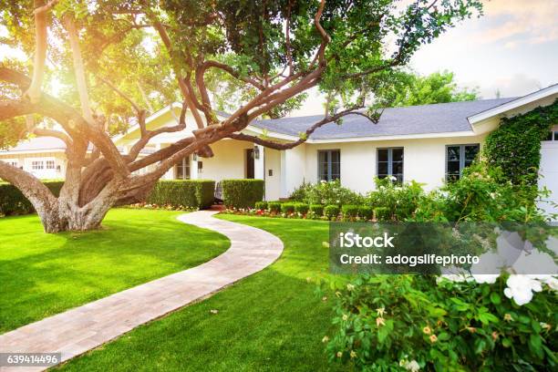 Beautiful Home With Green Grass Yard Stock Photo - Download Image Now - House, Yard - Grounds, Residential Building