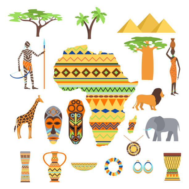 afryki symboli i podróży wektor zestaw. - south african giraffe stock illustrations
