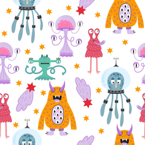 ilustrações de stock, clip art, desenhos animados e ícones de cute funny cartoon monsters seamless pattern - book monster fairy tale picture book
