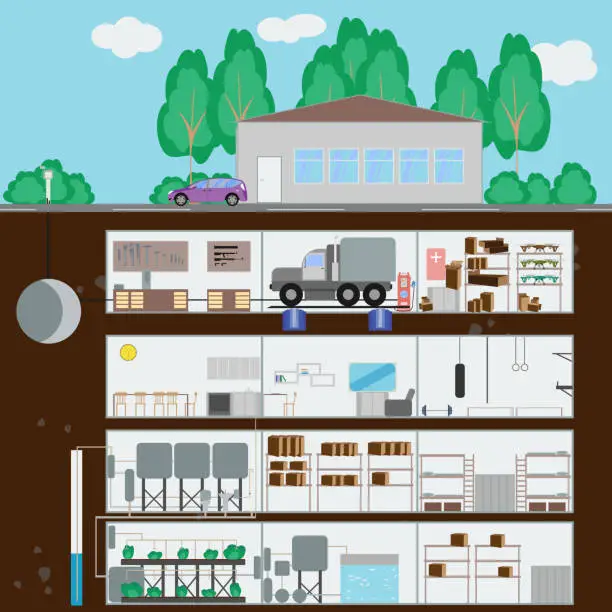 Vector illustration of Underground bunker. Many parts of autonomous survival.