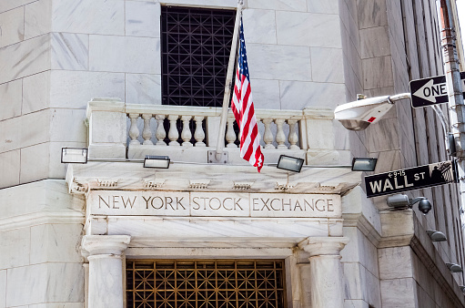 New York, United States - June 18, 2016: New York Stock Exchange with American flags and Wall street sign
