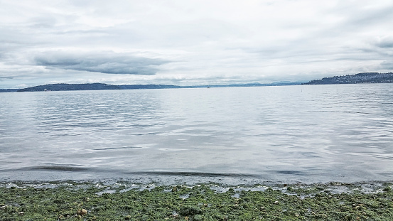 Picture of Commencement Bay in Puget Sound.  Commencement Bay is located near Tacoma, Washington.  Picture was taken on a cloudy day in July.