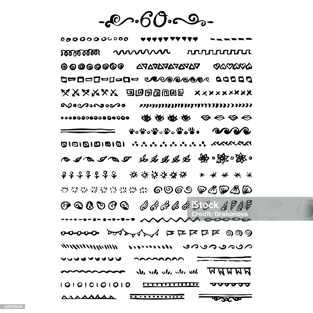 Vector seamless borders set Vector seamless hand drawn brushes and borders set of 60 elements - ink brush decorative frames components ready to use Border - Frame stock vector