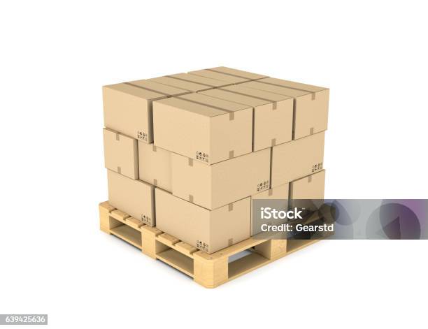 Rendering Cardboard Boxes On Wooden Palette Stock Photo - Download Image Now - Pallet - Industrial Equipment, Box - Container, Artist's Palette