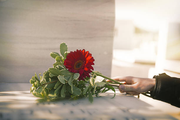 hand with flower on tombstone - blommor grav bildbanksfoton och bilder