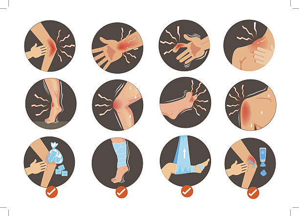 Sprains Symptom of Sprains and Strains First Aid. bandage arm stock illustrations