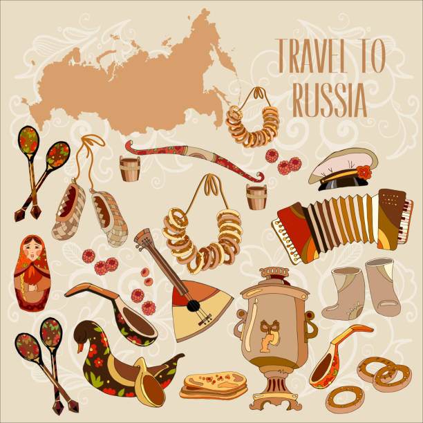 illustrazioni stock, clip art, cartoni animati e icone di tendenza di benvenuti in russia. cucina e cultura tradizionale russa - russian nesting doll doll russia decoration