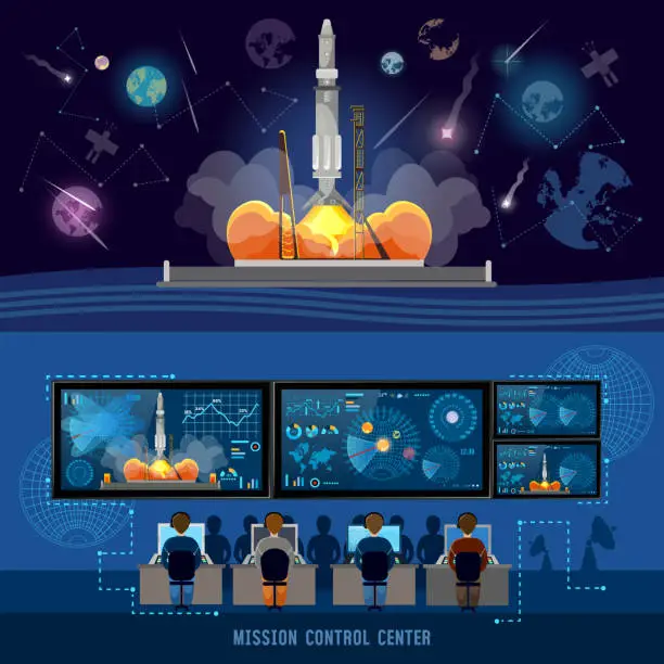 Vector illustration of Mission Control Center, start rocket in space