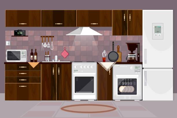 Kitchen interior with furniture. Design of modern kitchen Kitchen interior with furniture. Design of modern kitchen. Refrigerator, microwave, stove luxury coffee machine stock illustrations