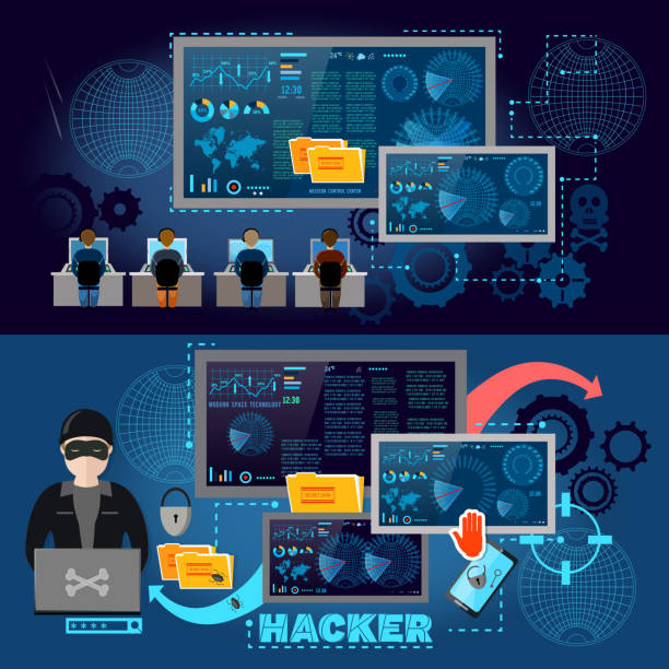Hackers cyber army hacking and surveillance of computers vector art illustration