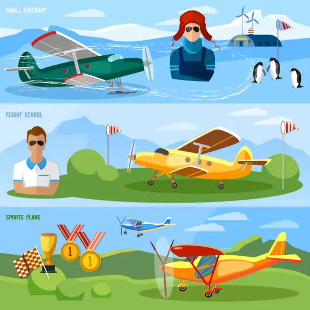 Vector illustration of Flight on biplane banners, flying school professional pilot