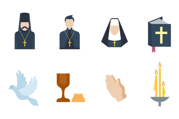 Religion icons vector illustration. Christianity religion flat icons vector. Illustration of traditional holy candle silhouette. praying people character design and faith priest church architecture. nun praying cross human hand stock illustrations