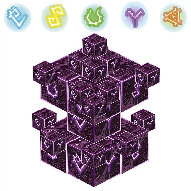 Vector illustration of Purple magic cube with signs isolated. Vector