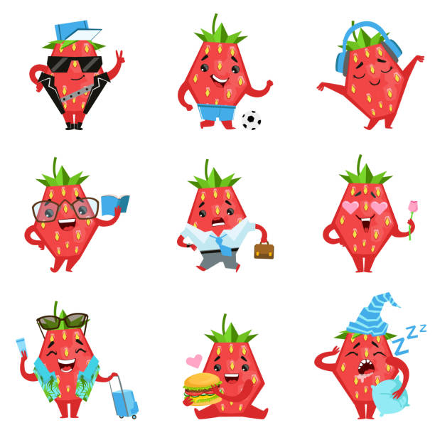 Geometric Strawberry Character In Funny Situations Geometric Strawberry Character In Funny Situations. Childish Graphic Cartoon Stickers Isolated On White Background With Humanized Berry. pimp stock illustrations