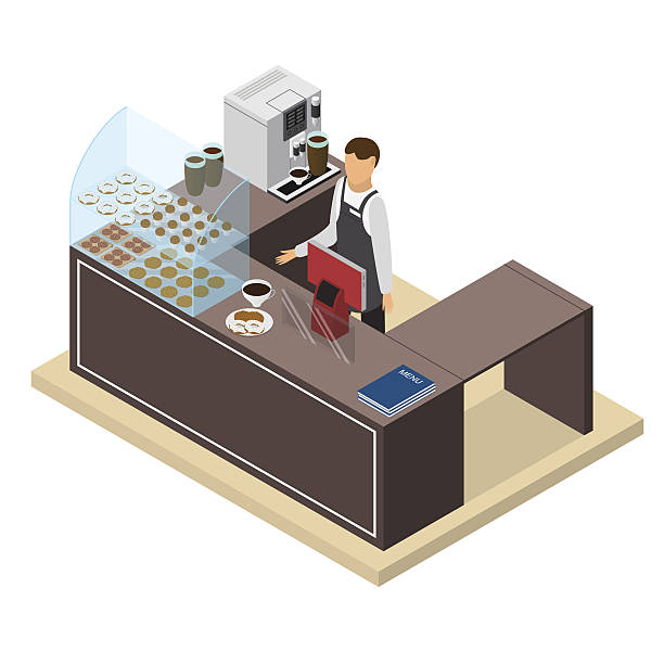 ilustraciones, imágenes clip art, dibujos animados e iconos de stock de cafetería o bar counter y barista isometric view. vector - isometric people cafe coffee shop