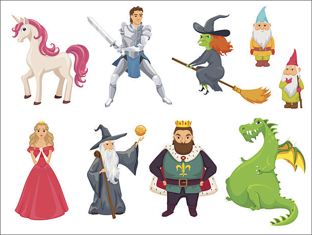 illustrazioni stock, clip art, cartoni animati e icone di tendenza di personaggi delle fiabe - wizard magic broom stick