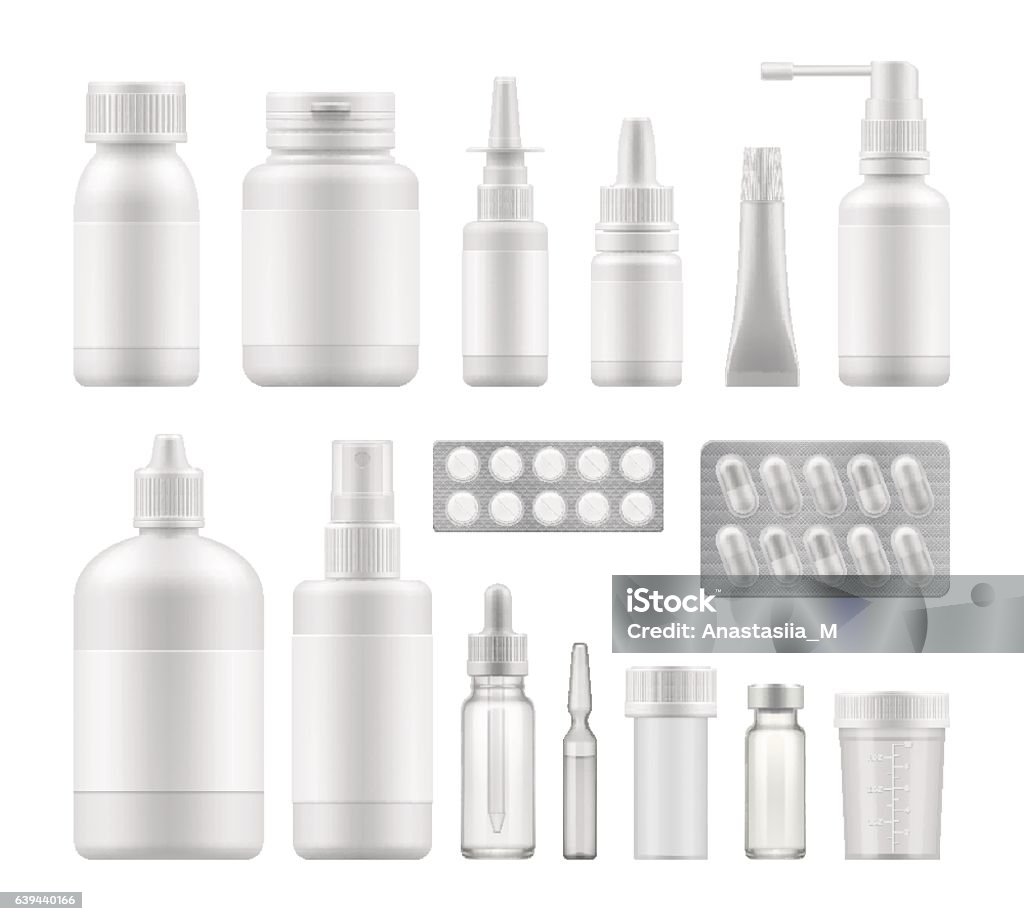 blank pharmaceutical medical packaging 3d blank pharmaceutical medical packaging: container for supplement, spray bottle for drugs. Mockup of clean pack for medicament. Vector illustration set for package design with empty place for label. Medicine stock vector