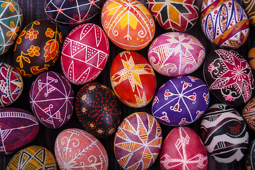 Mix of colored easter eggs with the traditional designs.