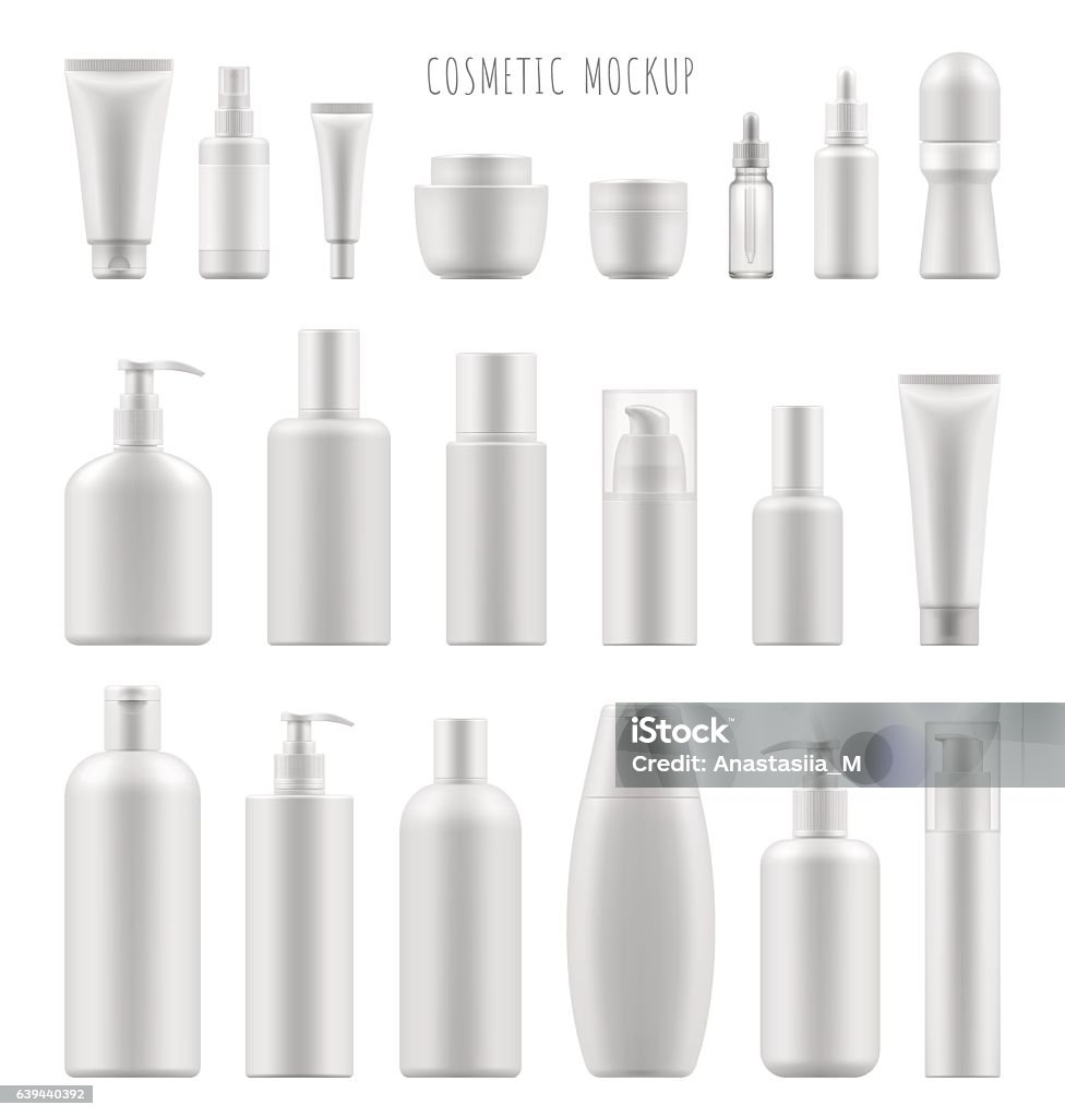 mock-up of cosmetic package Set vector blank templates of empty and clean white plastic containers: bottles with spray, dispenser and dropper, cream jar, tube. Realistic 3d mock-up of cosmetic package. Bottle stock vector