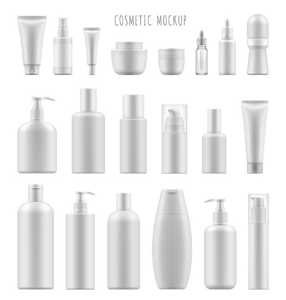 mock-up of cosmetic package Set vector blank templates of empty and clean white plastic containers: bottles with spray, dispenser and dropper, cream jar, tube. Realistic 3d mock-up of cosmetic package. packaging stock illustrations