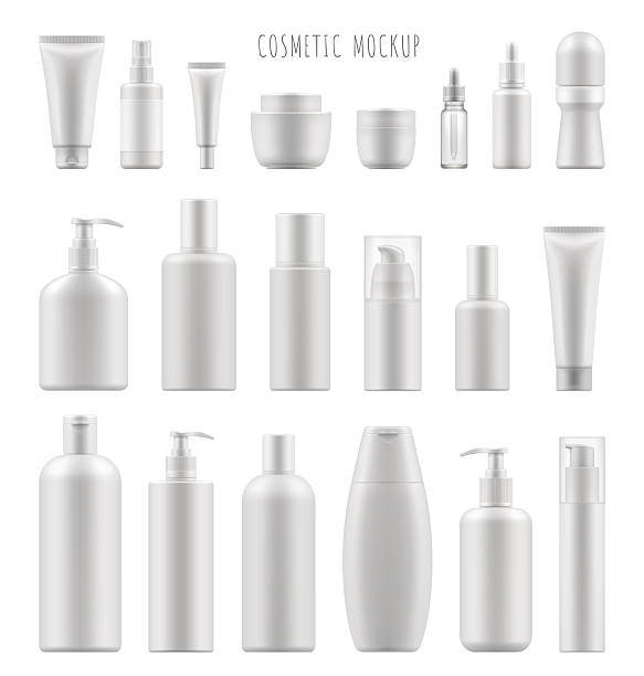 mock-up of cosmetic package Set vector blank templates of empty and clean white plastic containers: bottles with spray, dispenser and dropper, cream jar, tube. Realistic 3d mock-up of cosmetic package. white plastic tube stock illustrations