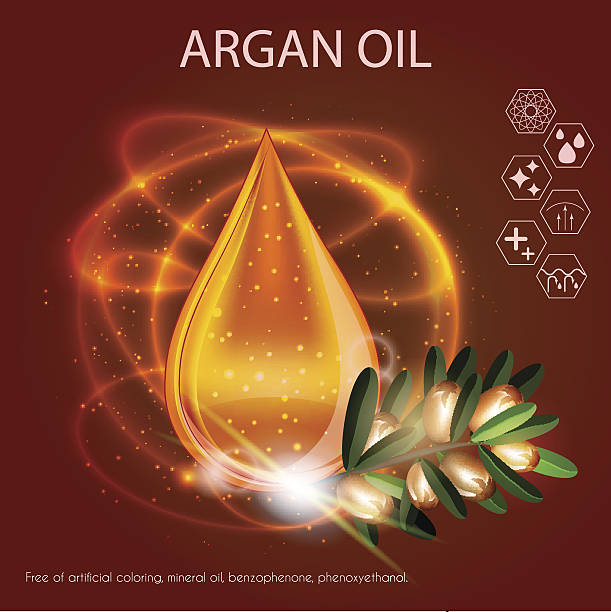 Argan Oil Serum Essence 3D Droplet with Branch vector art illustration