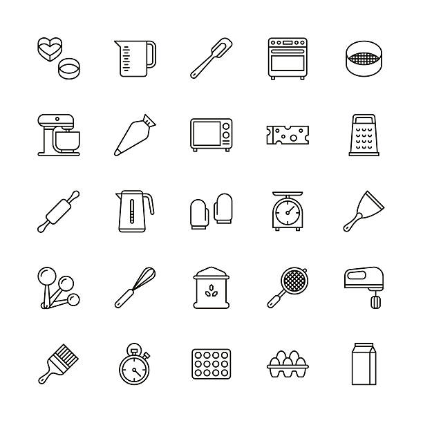 ilustraciones, imágenes clip art, dibujos animados e iconos de stock de iconos de equipos de panadería - línea - wire whisk symbol computer icon spatula