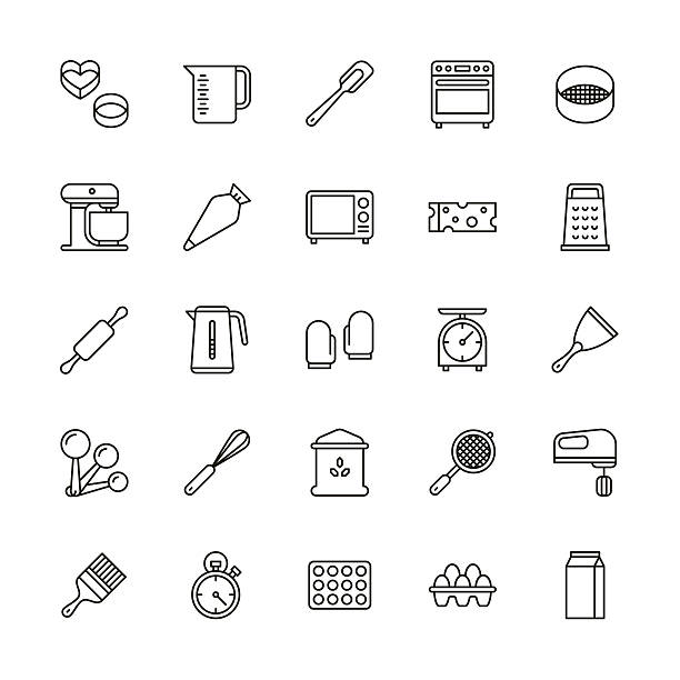 Bakery equipment icons - line Bakery equipment icons - line Vector EPS File. muffin tin eggs stock illustrations