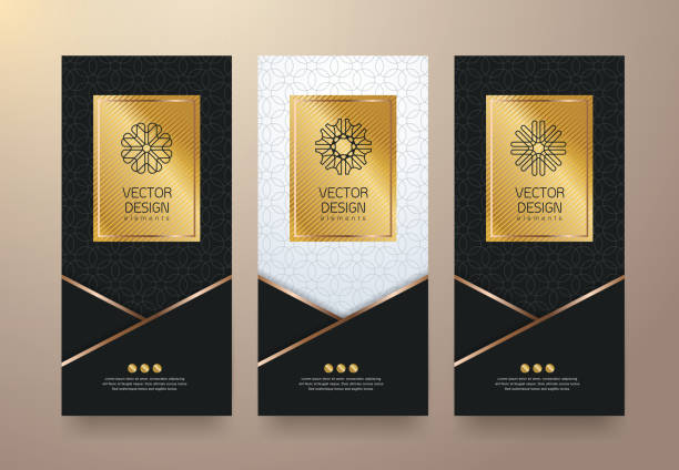 packaging 20 Vector set packaging templates black golden labels and frames for luxury products in trendy linear style,banner,tag,identity, branding,vector illustration label patterns stock illustrations