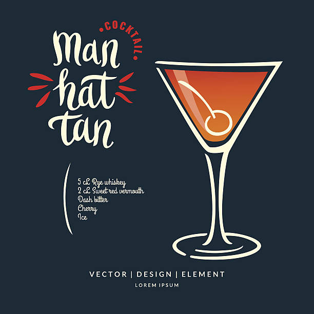 illustrazioni stock, clip art, cartoni animati e icone di tendenza di moderna etichetta lettering disegnata a mano per cocktail alcolico manhattan - manhattan
