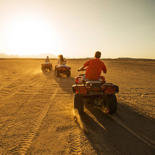 istock Back view of driving quad bikes at sunset! 639446194