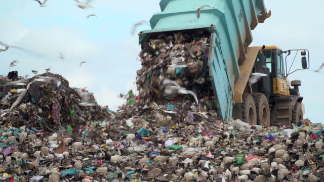 landfill with garbage trucks unloading junk