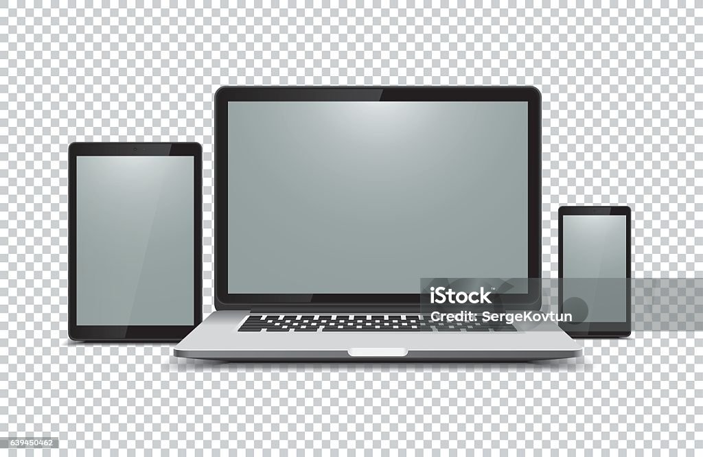 Black laptop, tablet, phone on transparent background Gadgets Laptop stock vector