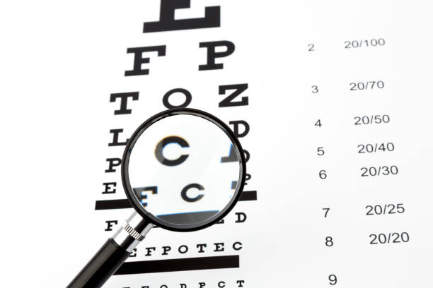 istock eyesight test with black small magnifier,  glasses and snellen chart 639451348