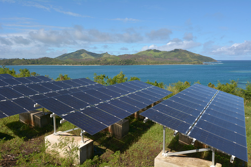 Solar PV modules on remote Island in Fiji. Fiji Sustainable Energy goals include sourcing more than 80% of the countryÕs electricity from renewable energies by 2020, and 100% by 2030.