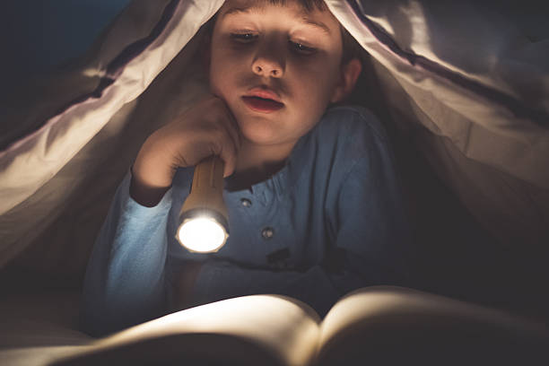 istock Little boy reading a book under the covers with flashlight 639454348