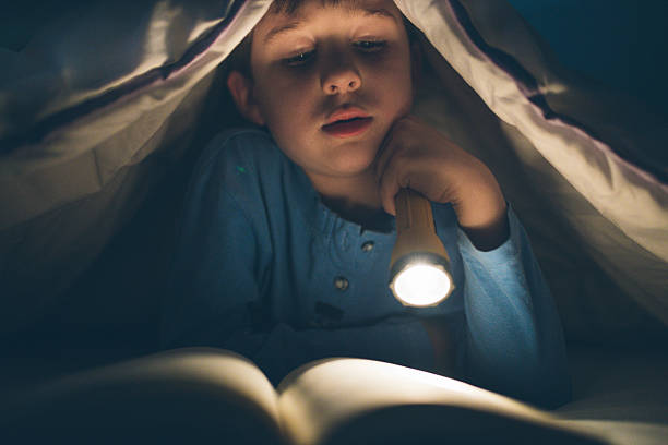 istock Little boy reading a book under the covers with flashlight 639454466
