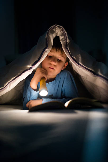 istock Little boy reading a book under the covers with flashlight 639454870