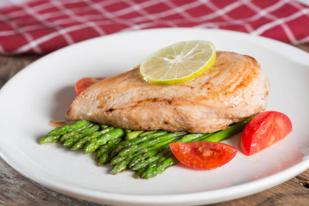 istock Grill chicken with asparagus, tomato and lemon slice. Selective 639456128