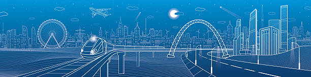 infrastrukturpanorama. autobahn unter brücke. zugfahrten. nachtneonstadt - urban scene railroad track train futuristic stock-grafiken, -clipart, -cartoons und -symbole