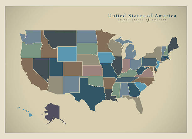 modern map - usa with coloured federal states illustration - amerikanın eyalet sınırları illüstrasyonlar stock illustrations