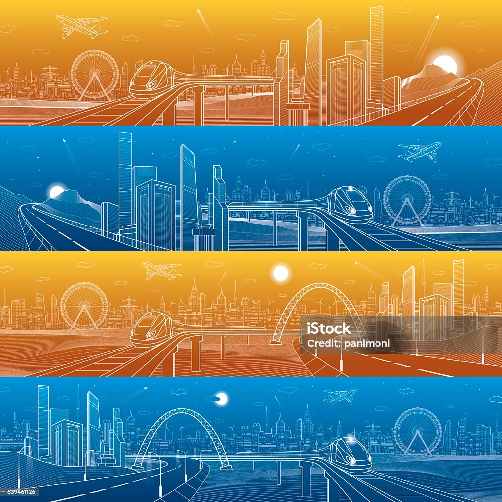 City and transport panorama. Highway in mountains, train rides City and transport mega panorama. Highway in the mountains, train rides on the bridge, skyline, white lines infrastructure landscape, day and night town, airplane fly, urban scene, vector design art Day stock vector