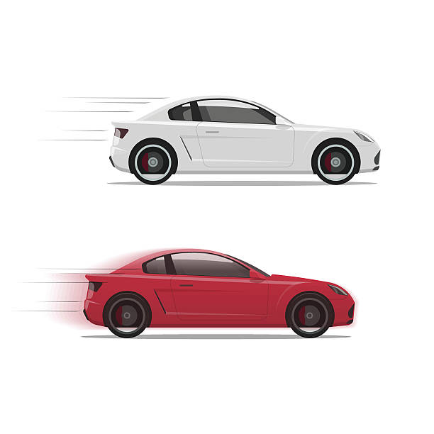 Cars racing fast vector, flat auto moving on high speed Cars racing fast vector illustration, flat auto moving on high speed with motion blur, race of two automobiles side view isolated on white background side view illustrations stock illustrations