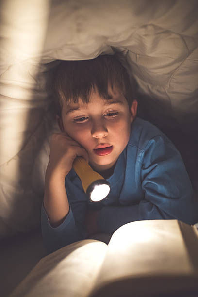 istock Little boy reading a book under the covers with flashlight 639461532