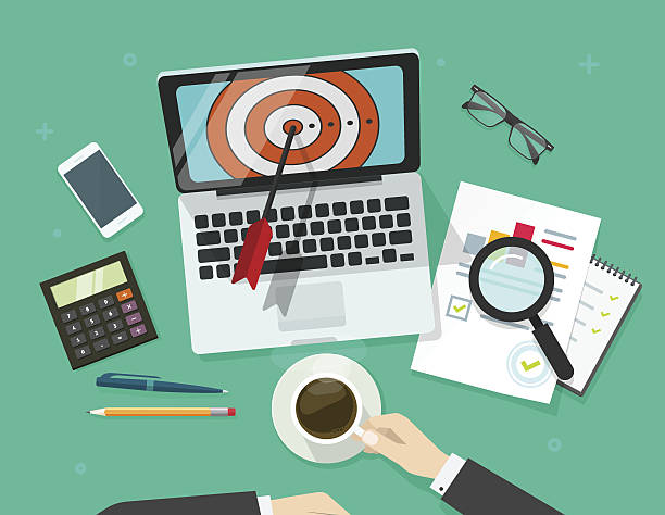 Successful business target, manager working on laptop finding mission aim Successful business target vector illustration, manager working on laptop finding aim and analysing financial data, targeting research concept, mission achievement, success goals report business-plan stock illustrations