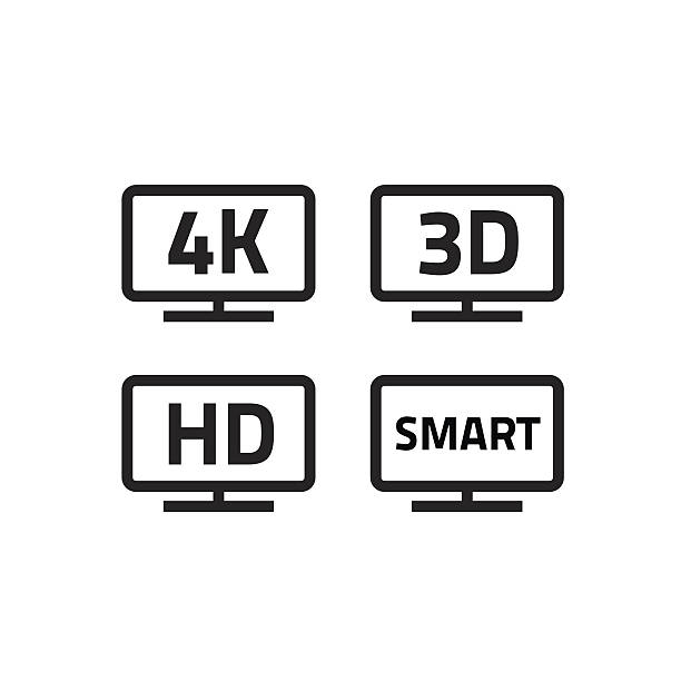 Ultra hd 4k smart tv format television icons, 3d video Ultra hd 4k tv format, full hd television icons set line outline style, 3d video emblem label for lcd or led smart tv icon, isolated on white hd format stock illustrations